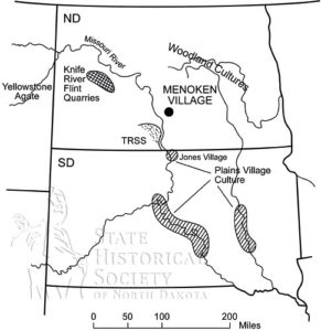 Menoken Indian Village State Historic Site relative location to Knife River Flint Quarries